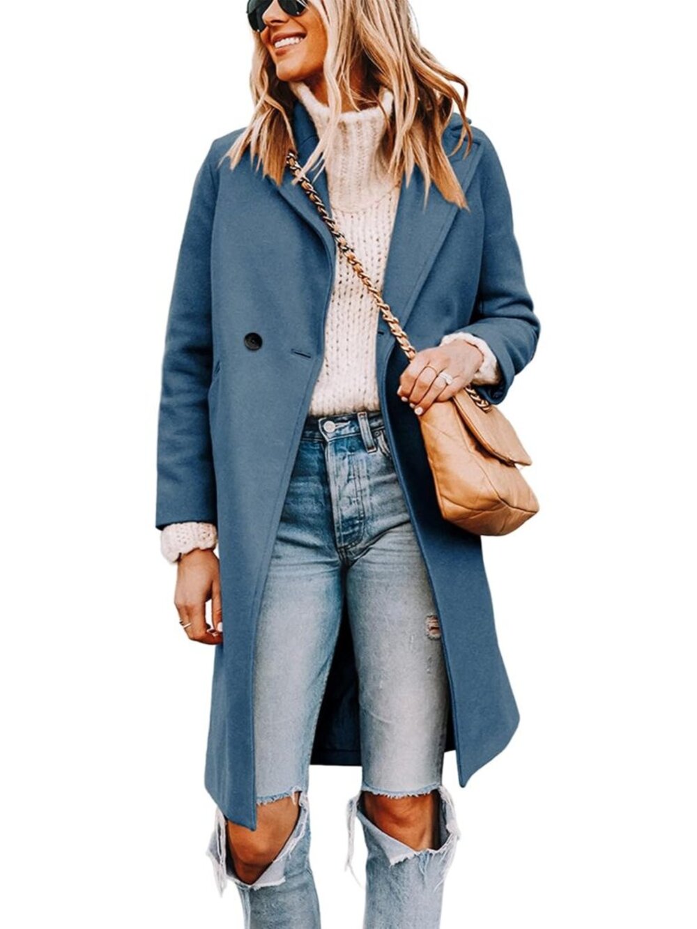 Women's Blue Wool Blend Notch Lapel Double-Breasted Mid-Long Trench Pea Coat
